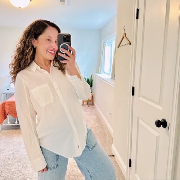Athleta White Button Front Striped Back Long Sleeve Top Blouse Medium - Picture 1 of 16